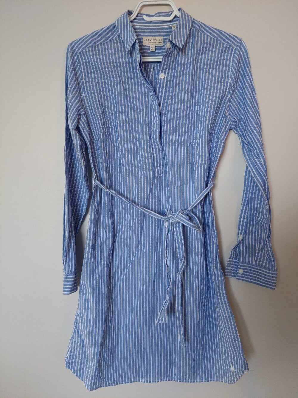 Jack Wills Size 0 striped belted shirt dress Blue & White 100% Cotton
